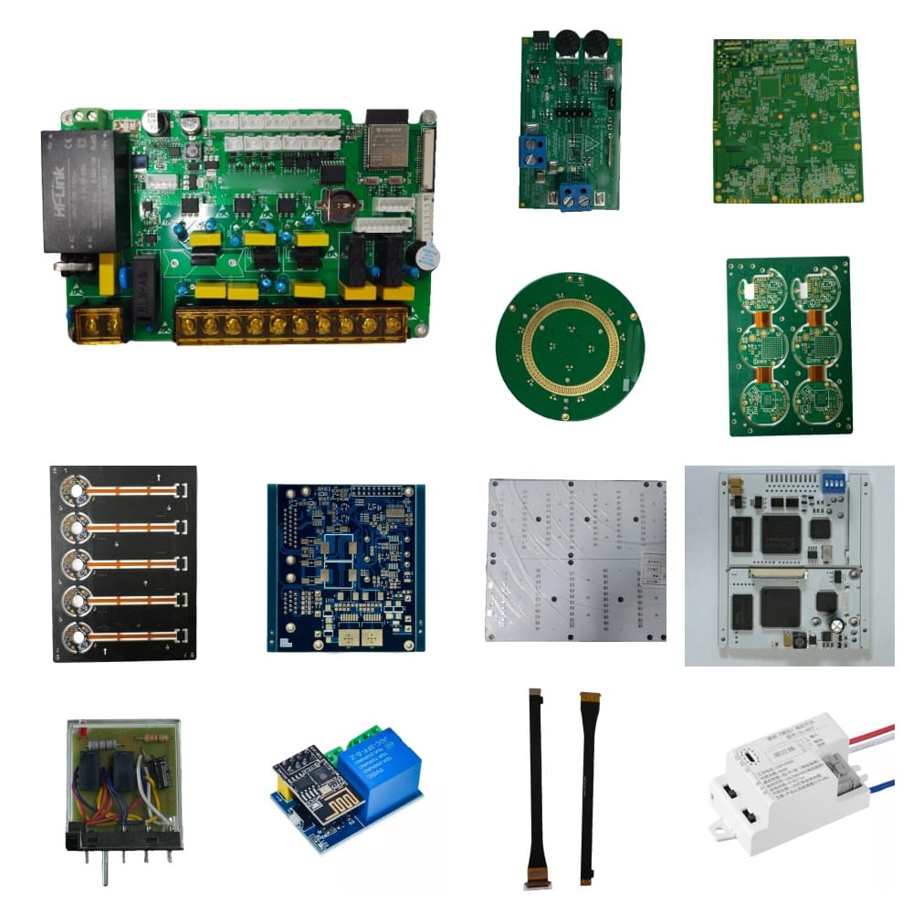 Collection of electronic circuit boards and components including PCBs, relays, and connectors for prototyping.