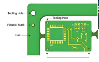 Green PCB frame with tooling hole, fiducial mark, and rail; inner circuit board with gold traces visible in the center plus alignment features.