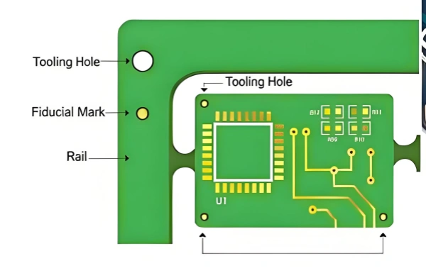Green PCB frame with tooling hole, fiducial mark, and rail; inner circuit board with gold traces visible in the center plus alignment features.