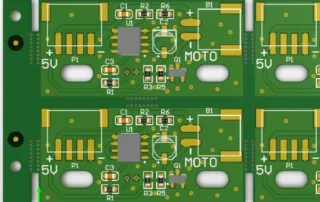 Three identical green PCB panels with SMT components (chips, resistors, capacitors) and silkscreen labels (5V, P1, U1, Q1, M0TO), viewed from above.