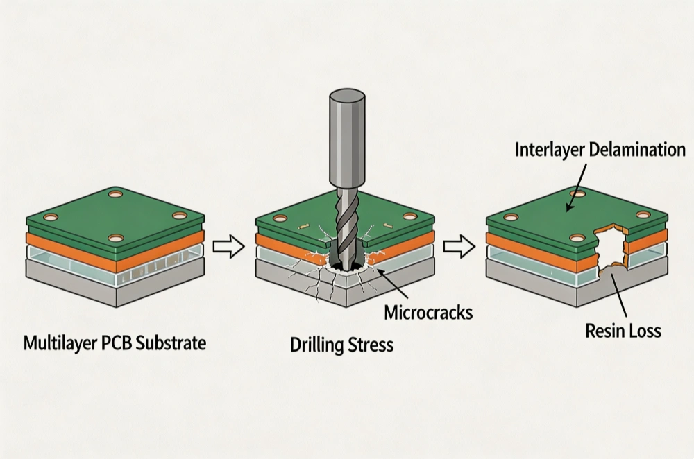 Drilling, routing, or depanelization damage can become a delamination initiation site
