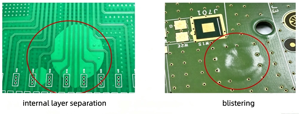Internal layer separation and blistering on a PCB showing delamination