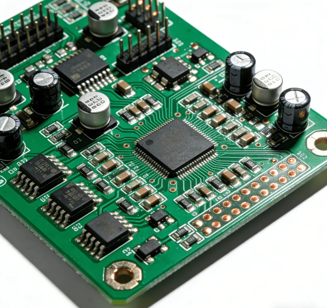 Populated green circuit board with integrated circuits, capacitors and pin headers