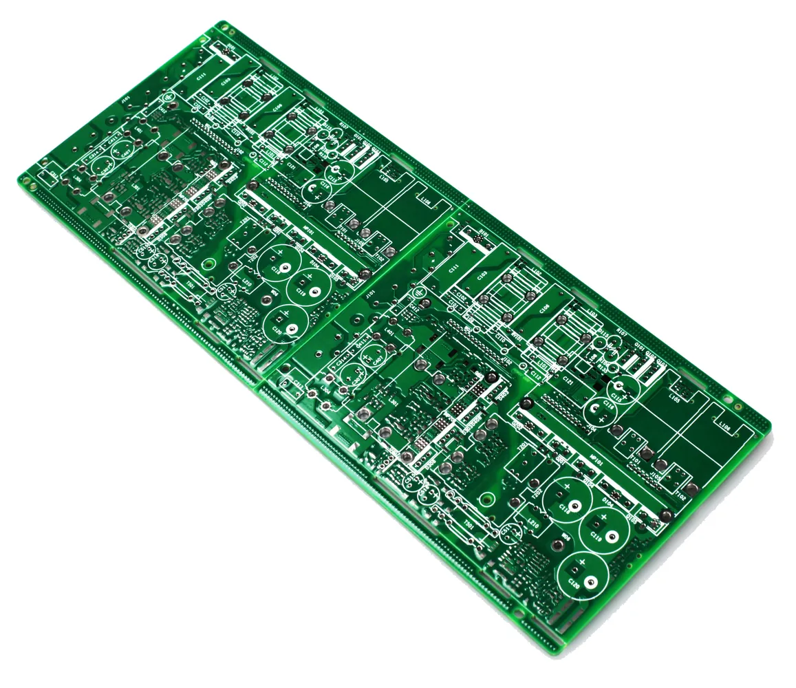 Unpopulated green circuit board with silver pads, holes and white component outlines