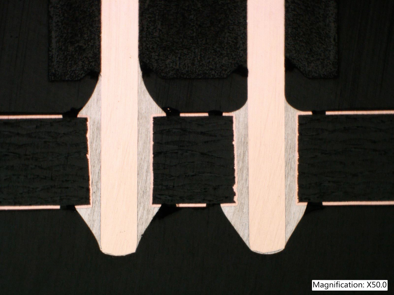 Heavy Copper PCB — microsection Real metallographic cross-section of PCB pins at 50 times magnification
