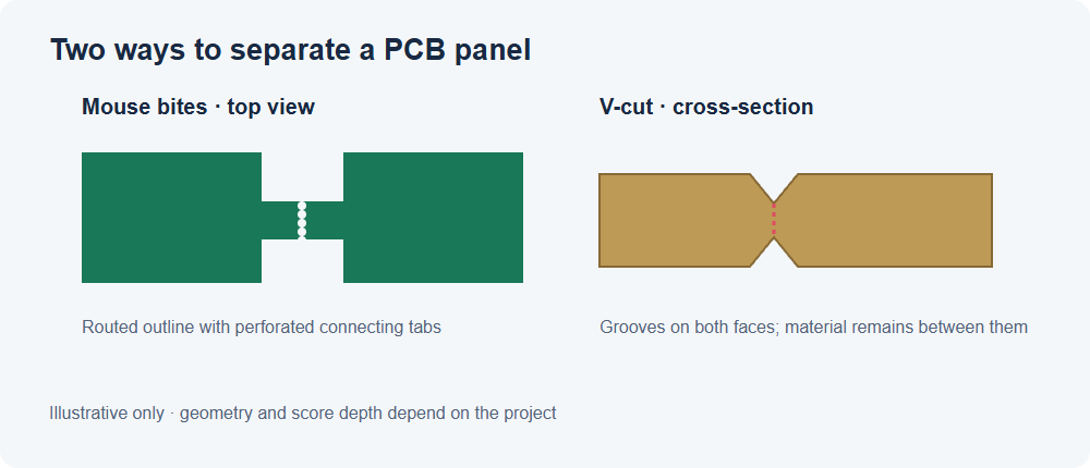 Diagram comparing routed breakaway tabs and V-cut grooves