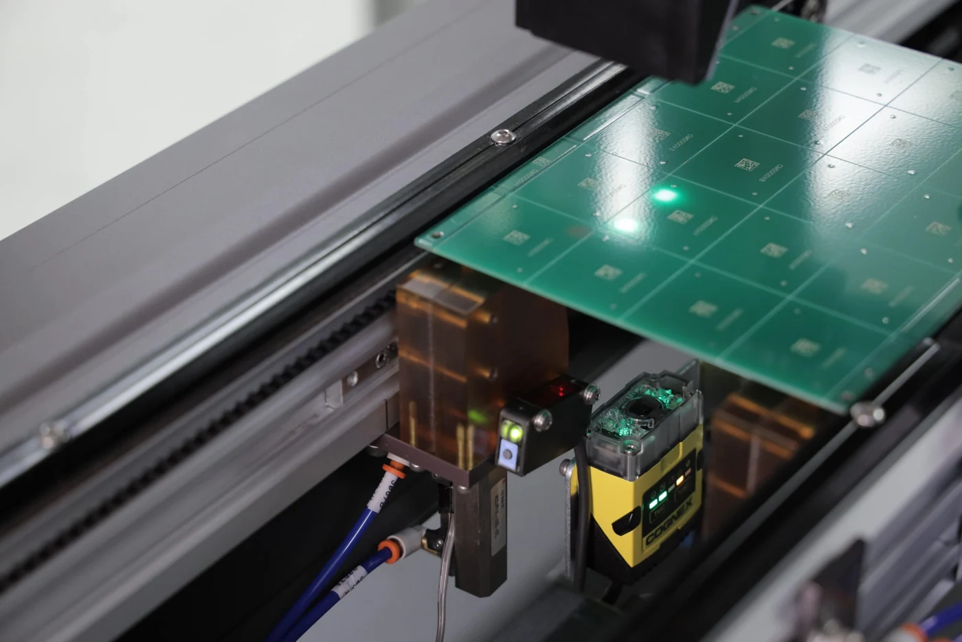 PCB panel positioned on manufacturing equipment