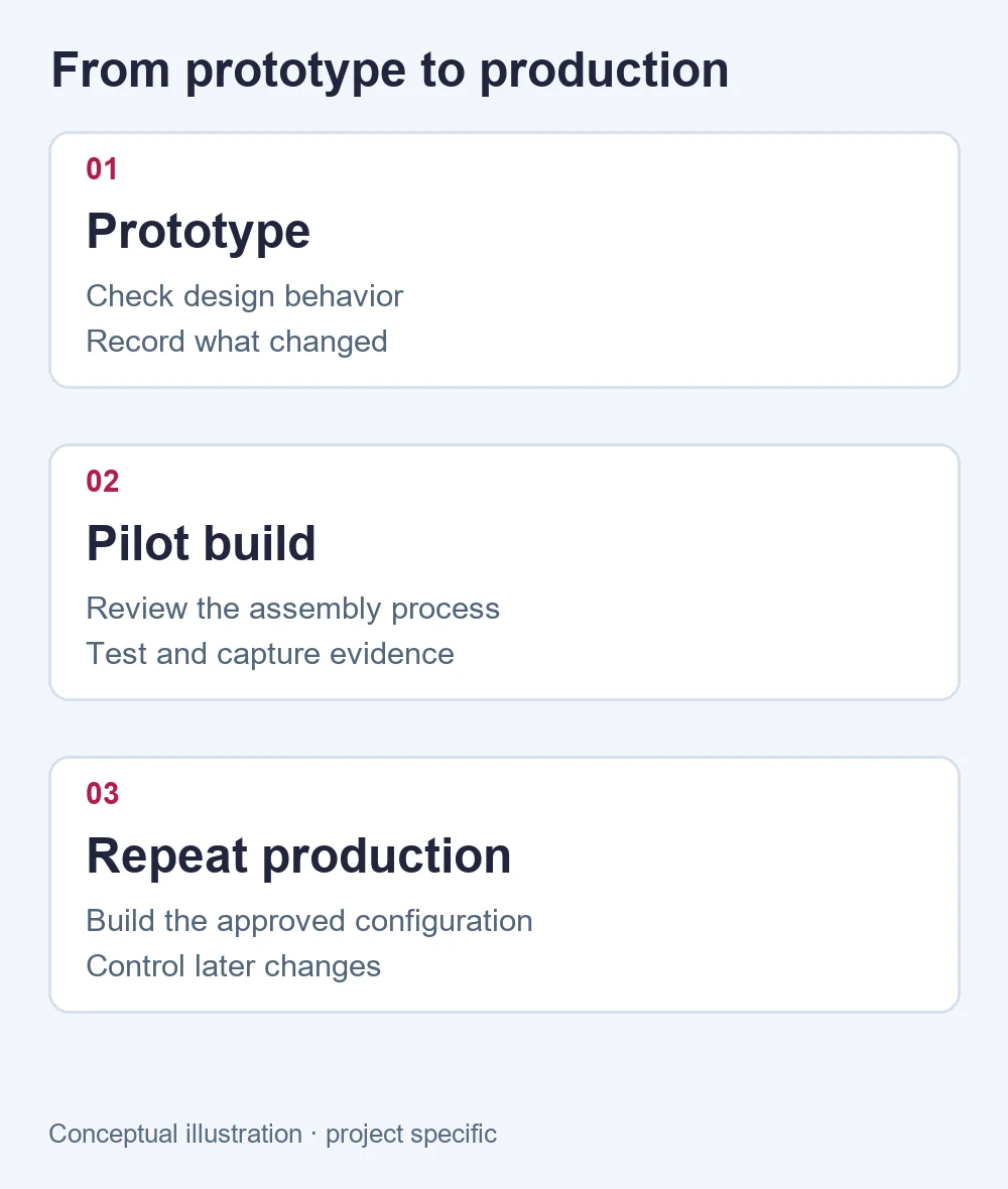 Prototype, pilot build and repeat production stages