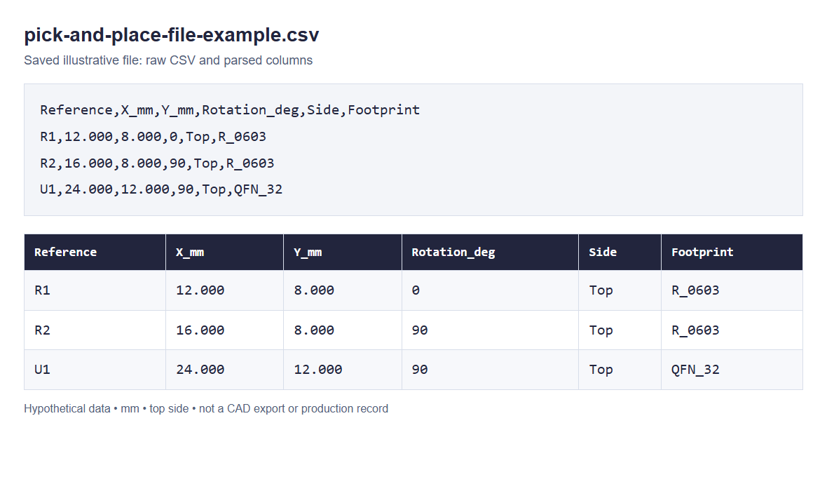 Saved illustrative placement CSV shown as raw lines and parsed columns for R1, R2 and U1