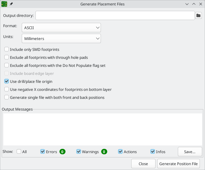 KiCad placement export dialog with format, units, component filters, origin and bottom-side settings