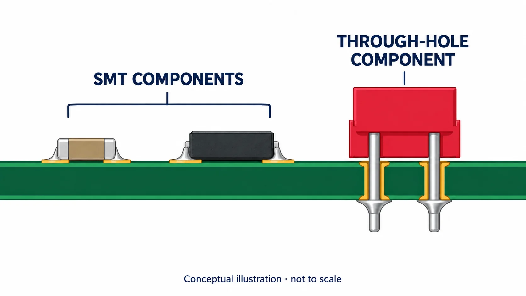 Conceptual cross-section comparing surface-mounted and through-hole components