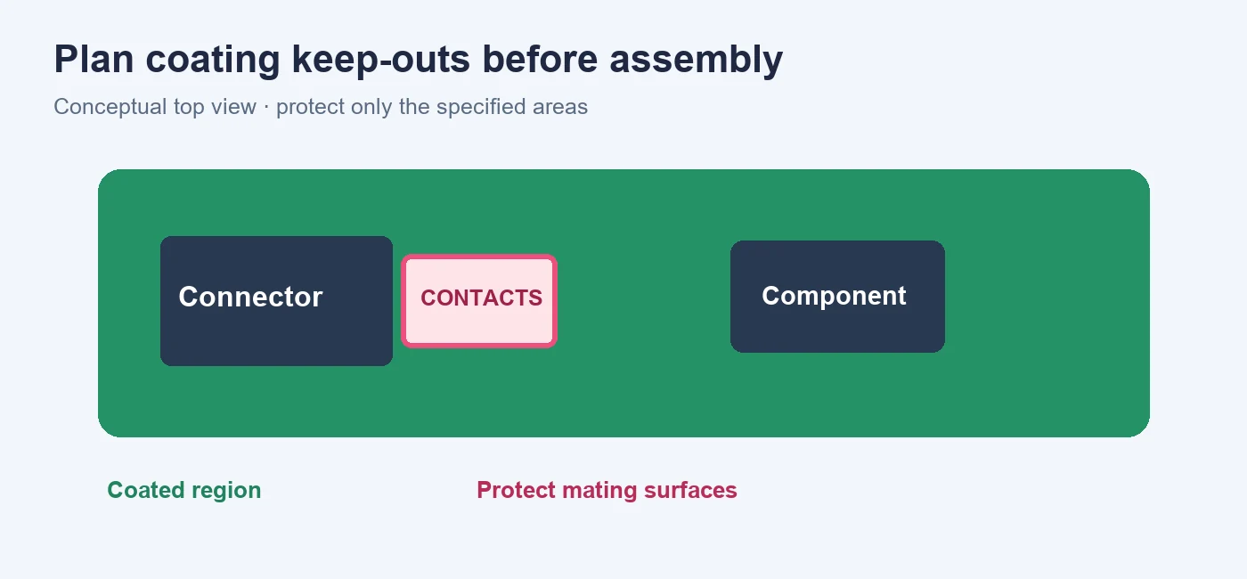 Conceptual PCB diagram marking connector contacts as a coating keep-out