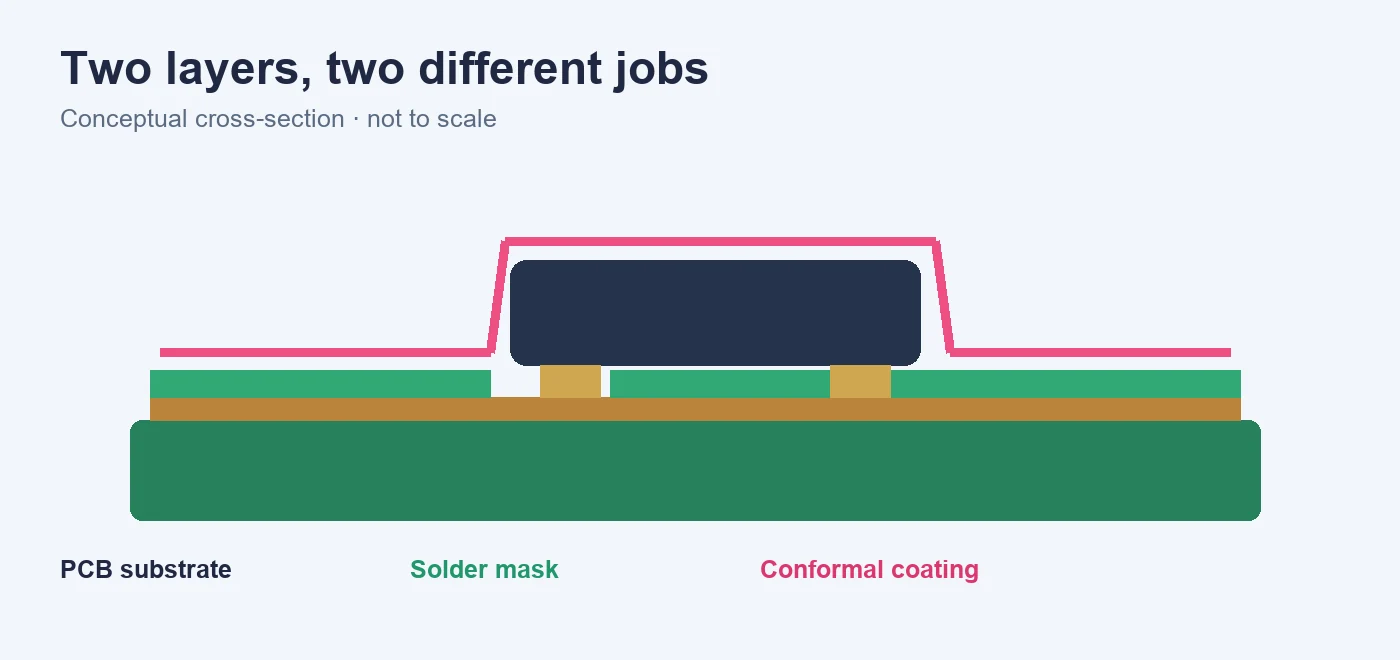 Conceptual cross-section showing solder mask and conformal coating on an assembled PCB